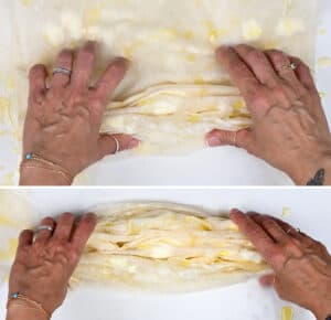 Folding sheets of phyllo pastry to make cheese pie