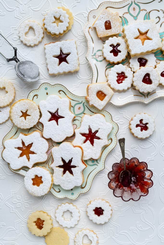 selection of Linzer cookies on pretty plates