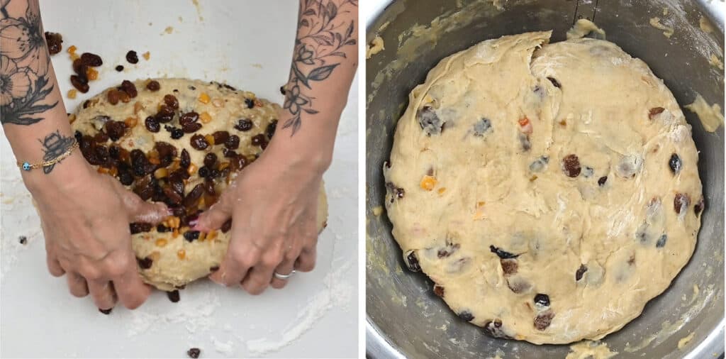 adding dried fruit into stollen dough