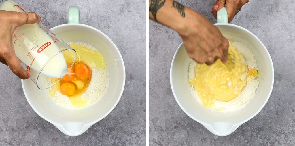 collage showing how to make Yorkshirepudding batter in a mixing bowl