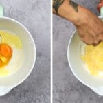 collage showing how to make Yorkshirepudding batter in a mixing bowl