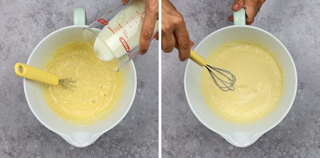 Collage showing how to mix Yorkshire pudding batter