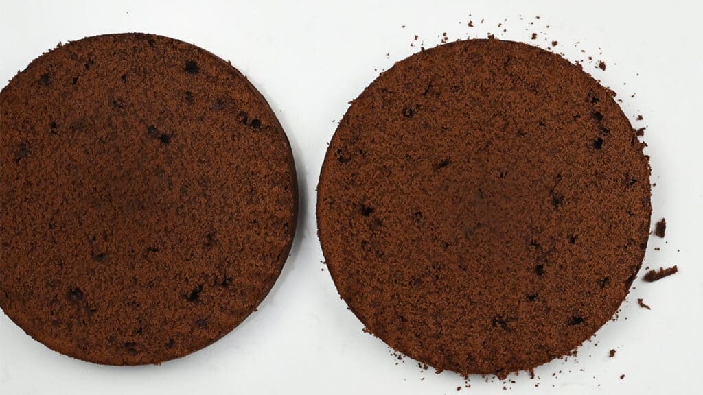 chocolate cake sliced in half to make layers