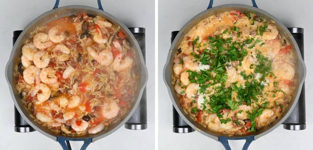 collage showing shrimp and past dish cooking in a pan