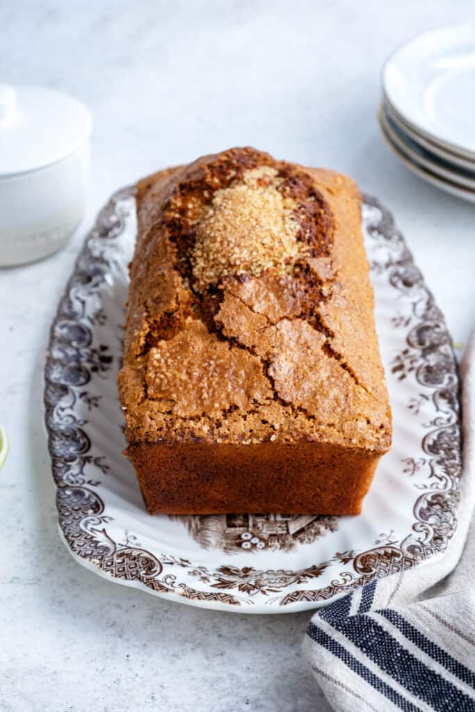 Air Fryer Banana Loaf on a pattenred plate