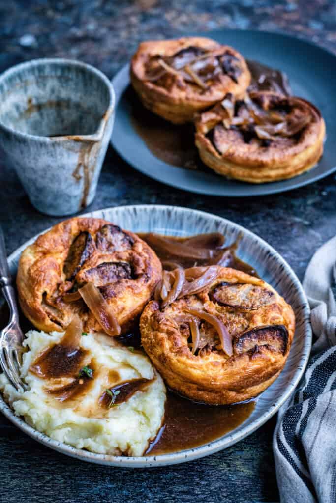 Air Fryer Toad in the hole served with onion gravy