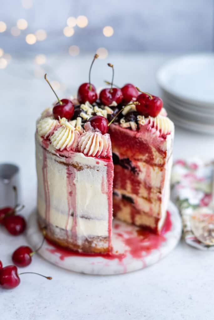 White Forest Cake with slice cut