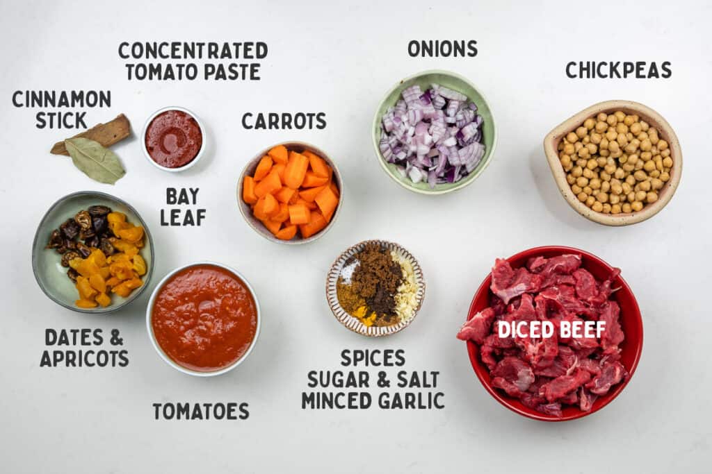 Beef tagine ingredients on a white background with captions