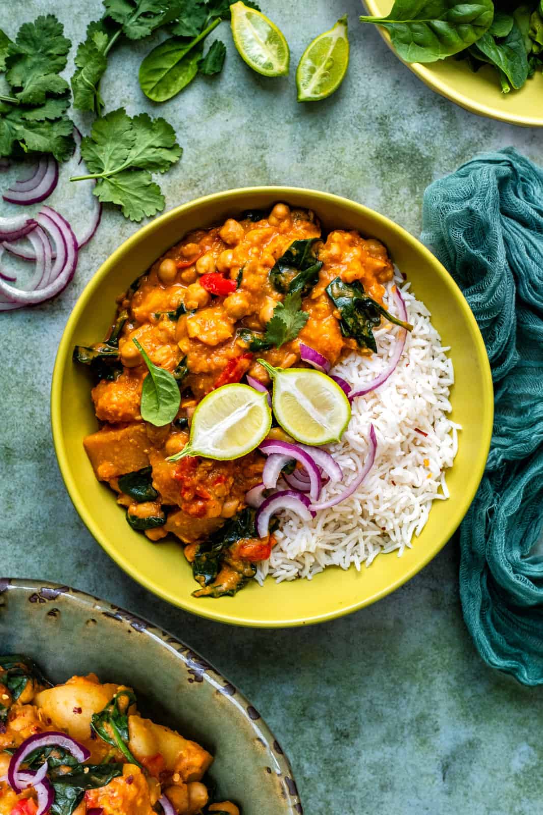 Butternut squash curry in a bowl served with rice
