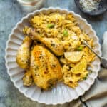 Roast poussin served with lemon orzo