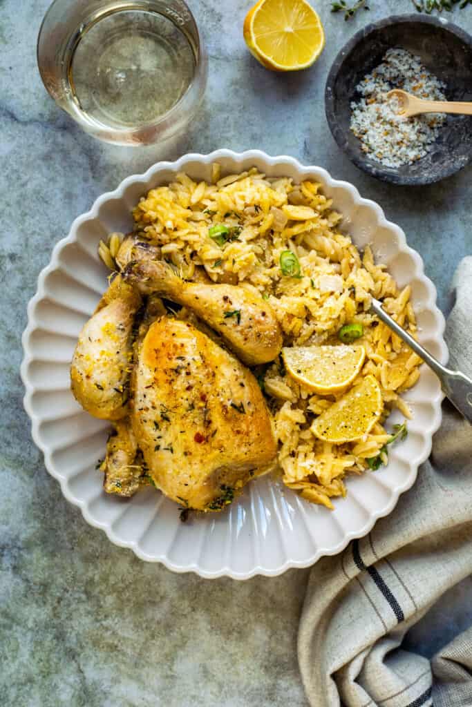 Roast poussin served with lemon orzo