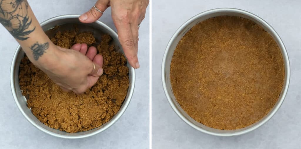 Pressing cookie crumb into lined tin to make cheesecake crust