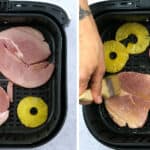 Gammon steaks and pineapple in an air fryer basket collage