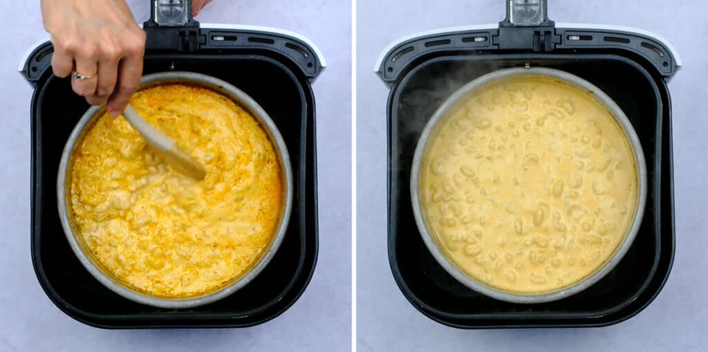 stirring macaroni and cheese in an air fryer basket
