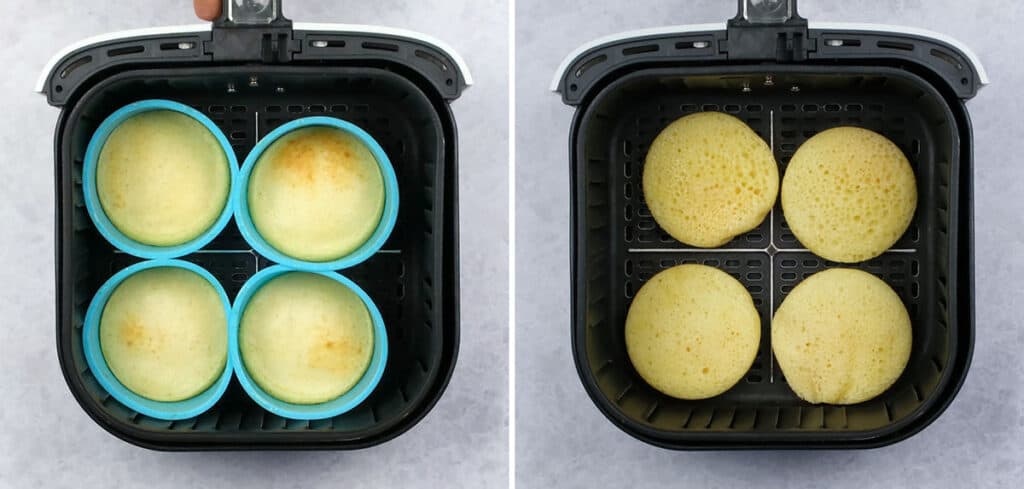 Silicone molds with pancakes in an Air Fryer basket