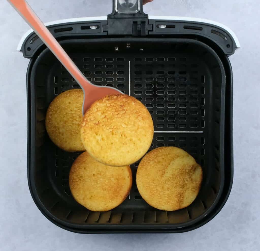 four Air fried pancakes, one lifted with spoon
