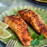 Air Fryer Salmon Fillets on a green plate
