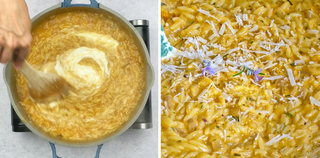 Stirring sour cream into one pot orzo dish in a pan (collage)