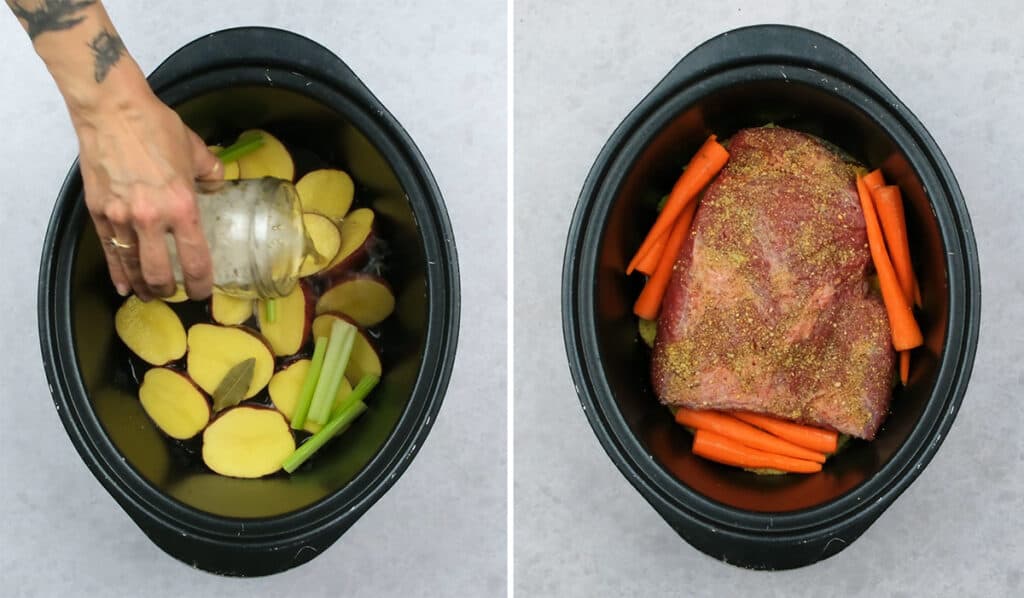 How to make corned beef brisket in a slow cooker collage