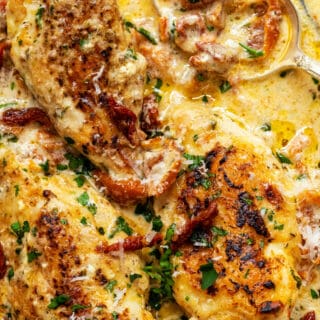 Close up on a dish of "Marry Me" chicken with creamy sun-dried tomato sauce