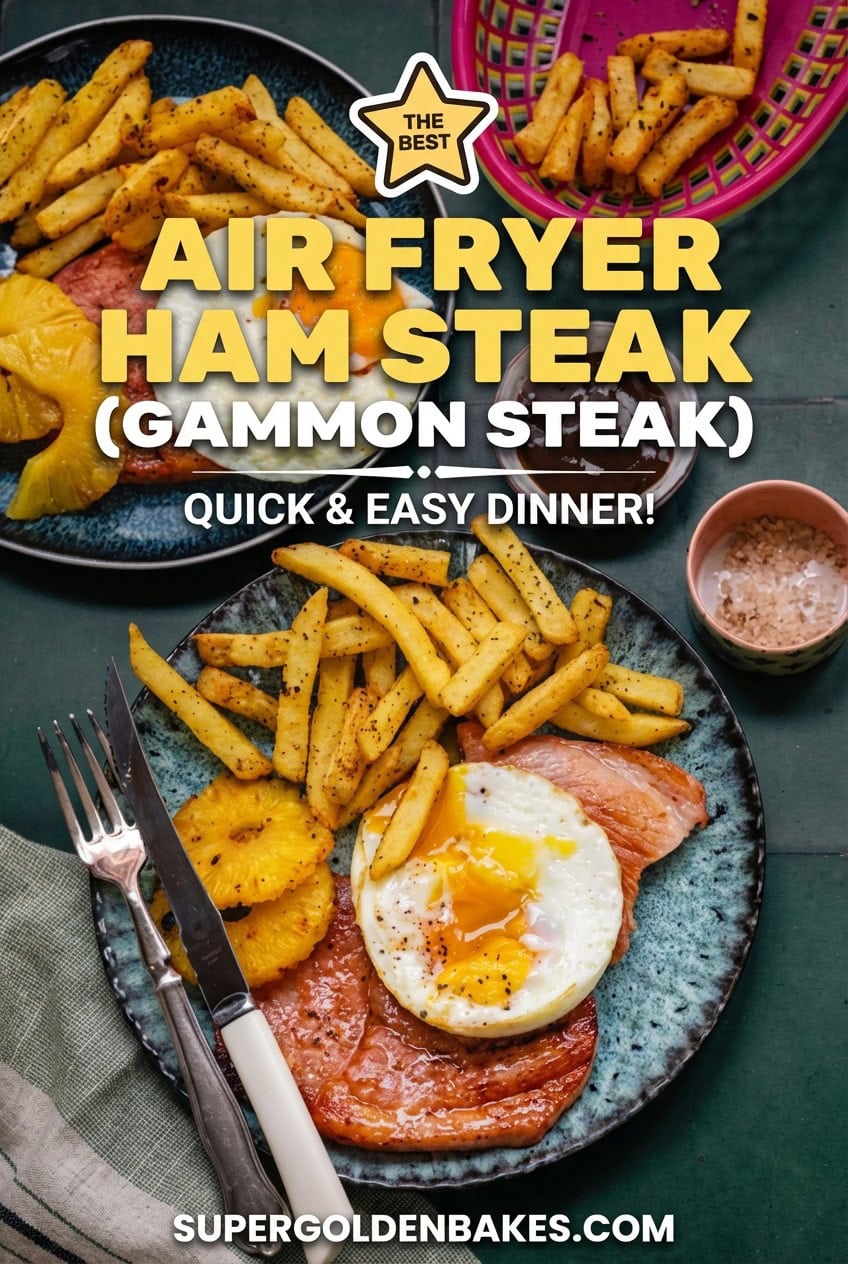A plate with Air Fryer Gammon Steak, fried egg, pineapple slice, and fries sits beside a fork and knife. Text reads: “Air Fryer Ham Steak (Gammon Steak) Quick & Easy Dinner!” on a dark green table.
