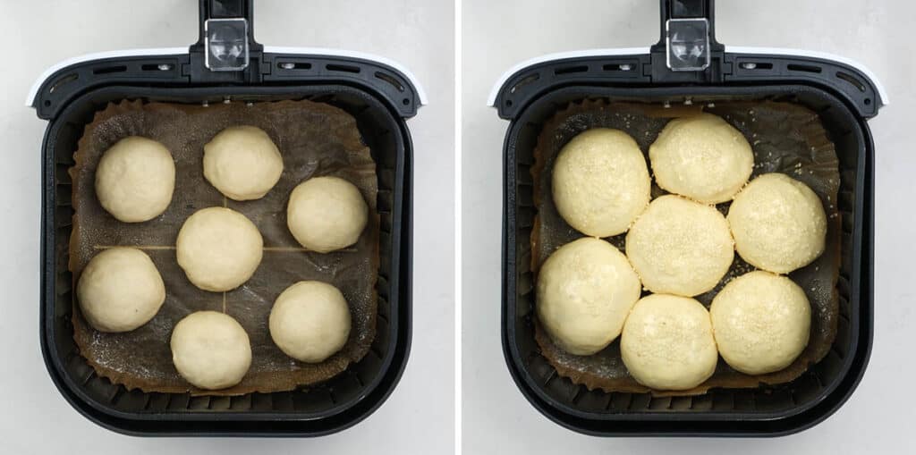 rolls in an air fryer basket before and after proving