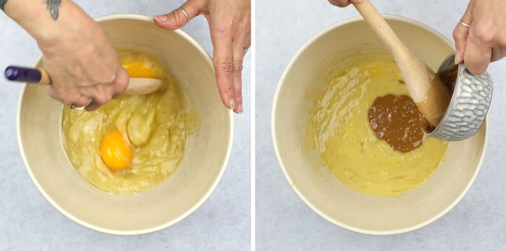 making banana bread in a mixing bowl collage