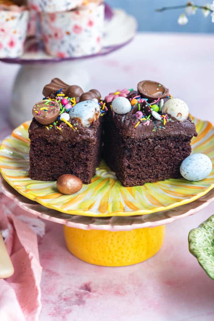 Two squares of Easter chocolate tray bake cake 