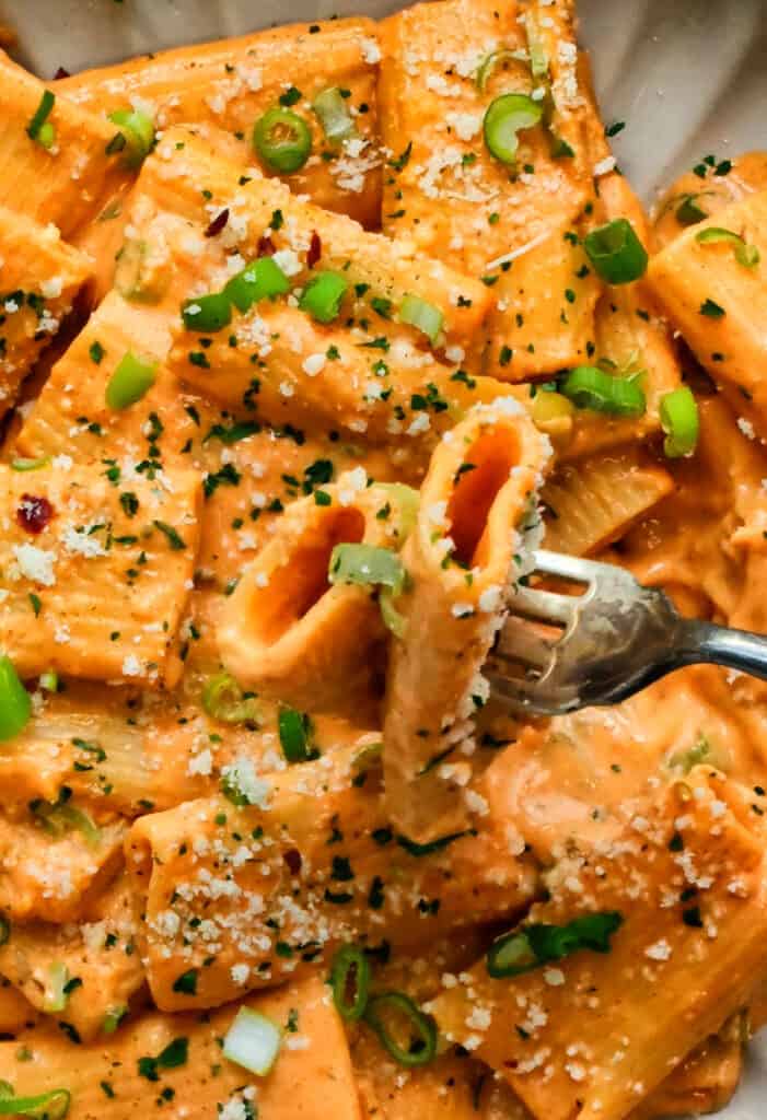 close up on spicy rigatoni with Korean red pepper paste