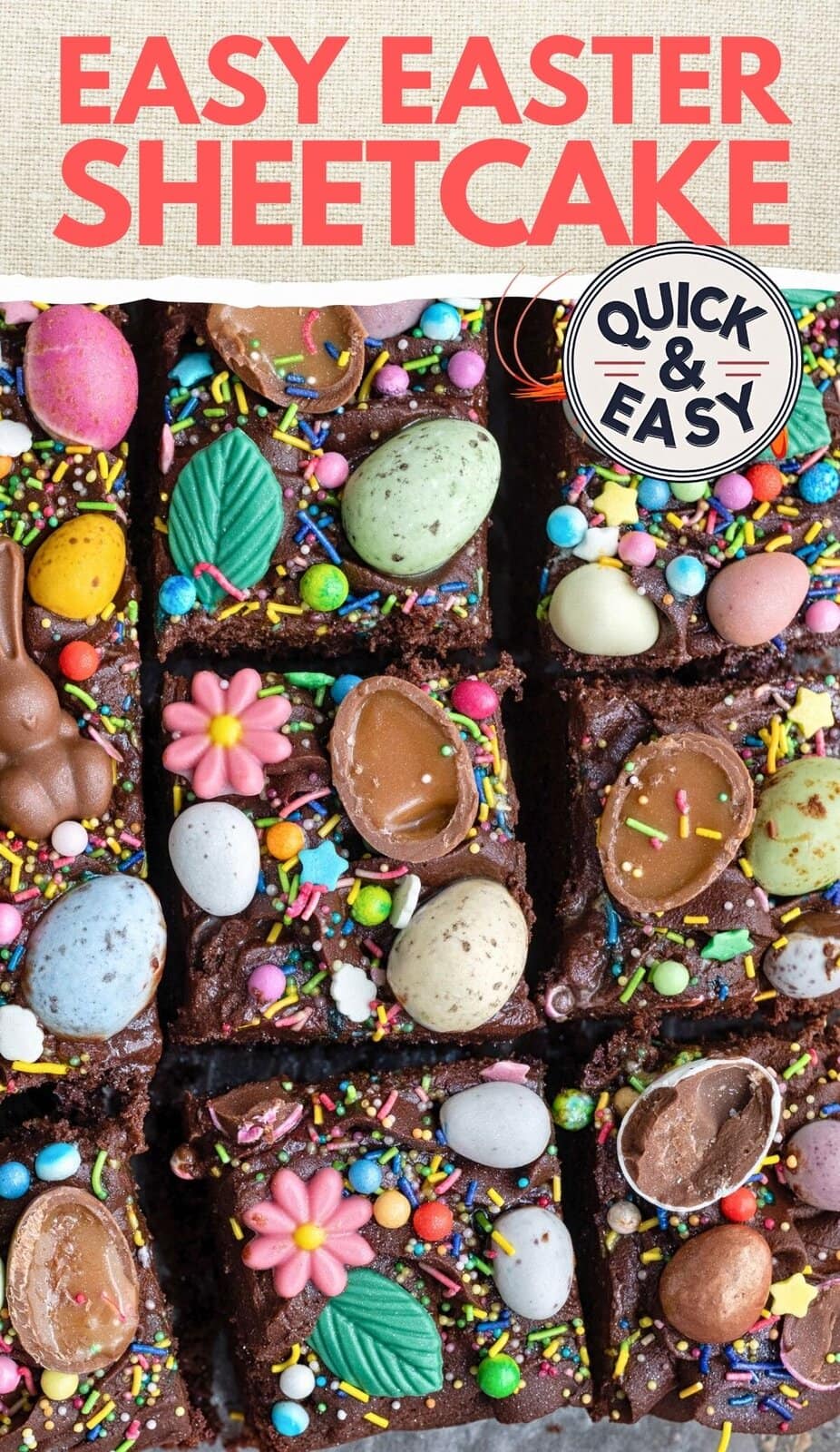 A chocolate sheet cake cut into squares, decorated with colorful candy eggs, chocolate bunnies, flower-shaped icing, and sprinkles. Text reads Easy Easter Traybake Cake and Quick & Easy at the top.