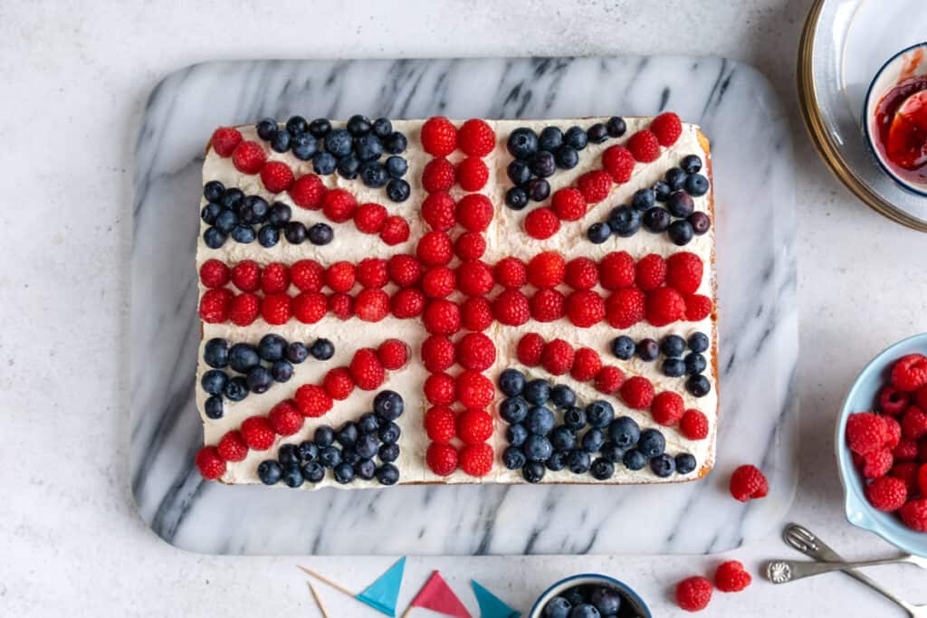 Coronation Cake decorated as a Union Jack using fresh berries