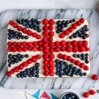 Coronation Cake decorated as a Union Jack using fresh berries