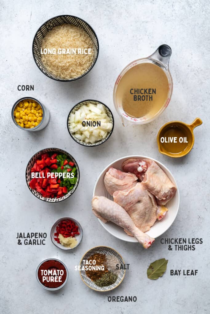 Ingredients for Mexican chicken and rice with captions