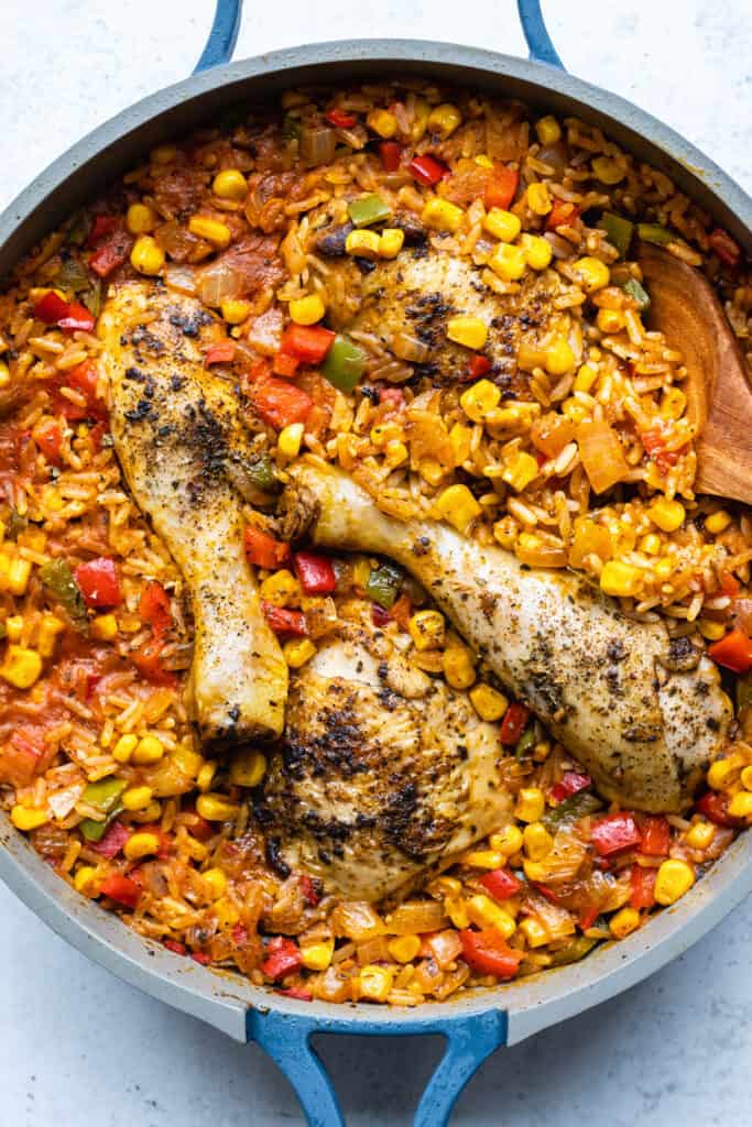 Mexican chicken and rice in a skillet