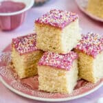 Slices of School Sprinkle Cake on a pink plate