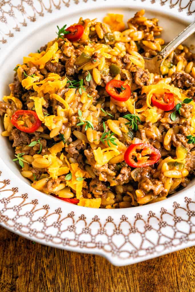 Close up on a bowl of Cajun Orzo with Beef
