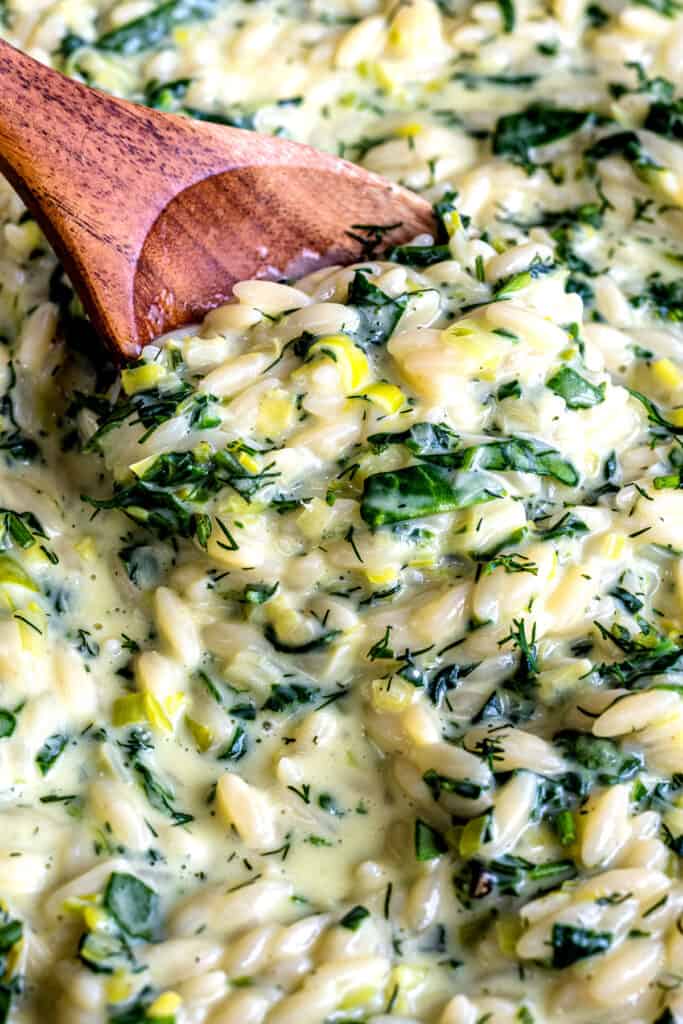 close up on creamy spinach orzo