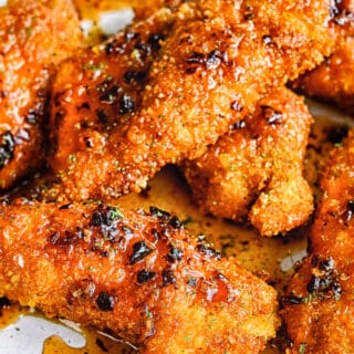 Air Fried chicken with hot honey sauce close up