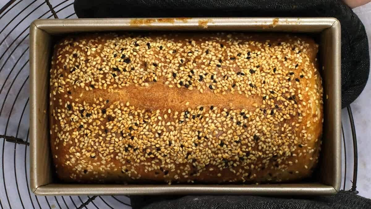 sourdough sandwich bread in loaf pan
