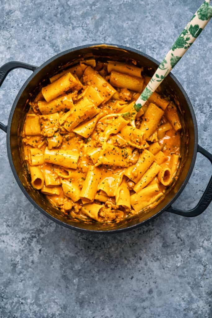 Pot of spicy sausage pasta