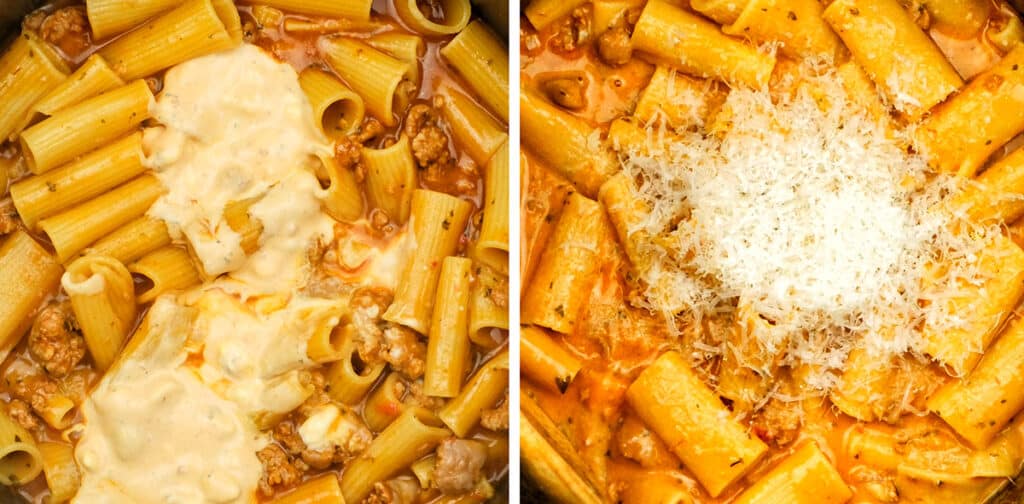 creamy spicy sausage pasta close up step collage