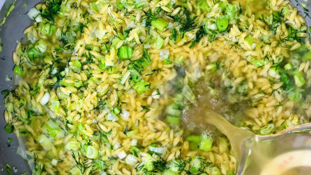 spinach orzo cooking close up