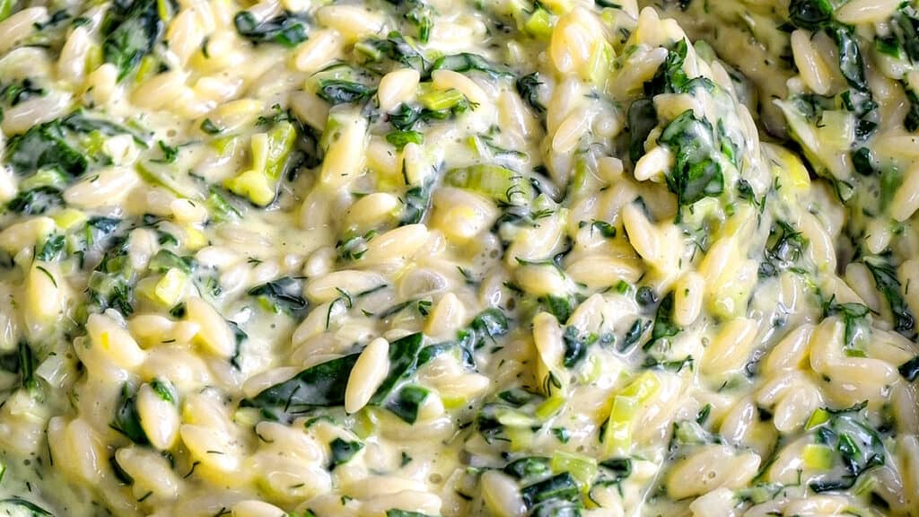 spinach orzo, extreme close up
