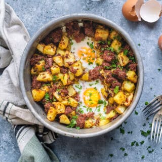 Classic corned beef hash in a pan