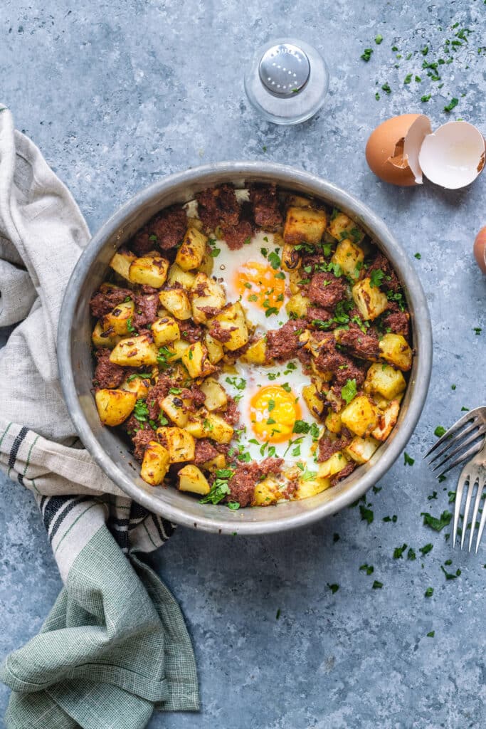 Classic corned beef hash in a pan