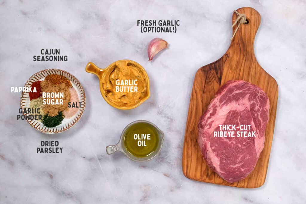 Ingredients for Air Fryer Steak Bites with captions