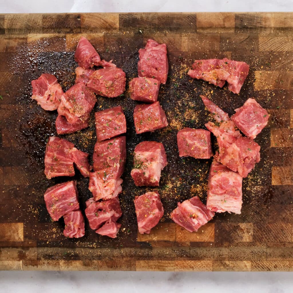 steak cut into small cubes with olive oil and seasoning