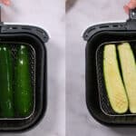 Collage showing zucchini in an air fryer basket
