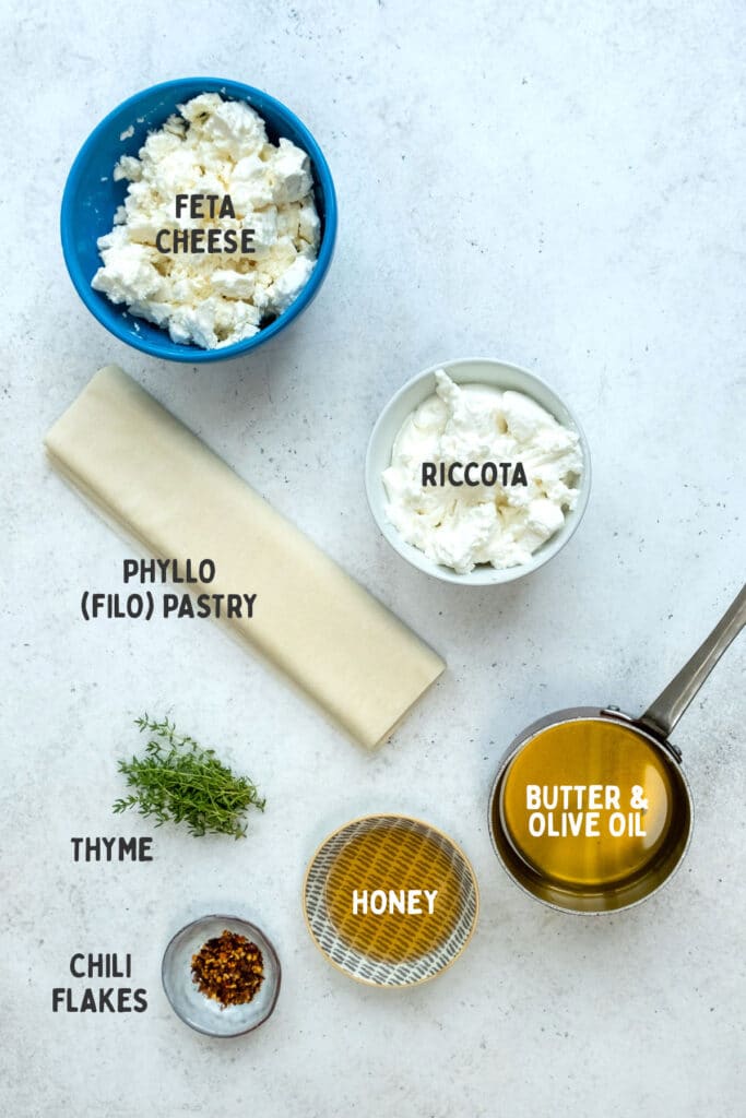 ingredients for feta rolls with captions