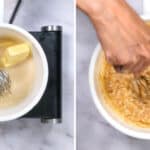 collage showing process shots for making frosting with evaporated milk